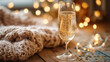 © 磊 崔 - dcf. A champagne flute with golden bubbles on a wooden table beside a cozy blanket and festive confetti. bar promotions, beverage menus, designed for food & beverage menus and cafe branding.
