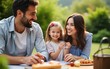 © Alexander - Joyful parent and kid child make barbecue at picnic party, have fun together in summer green garden, father mother and daughter girl enjoy eating and drinking at backyard, happy family love bonding.