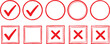 © graphicsobai - Set of red grunge rubber stamp icons showing check marks, crosses, and empty circles and squares