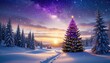 © SUPERARTMAN - Winter wonderland christmas celebration at sunset snowy landscape with pine trees and festive lights magical atmosphere nature’s beauty peaceful viewpoint