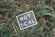 © Алла Морозова - Chalkboard sign displaying hot deal message on green grass background for promotional use