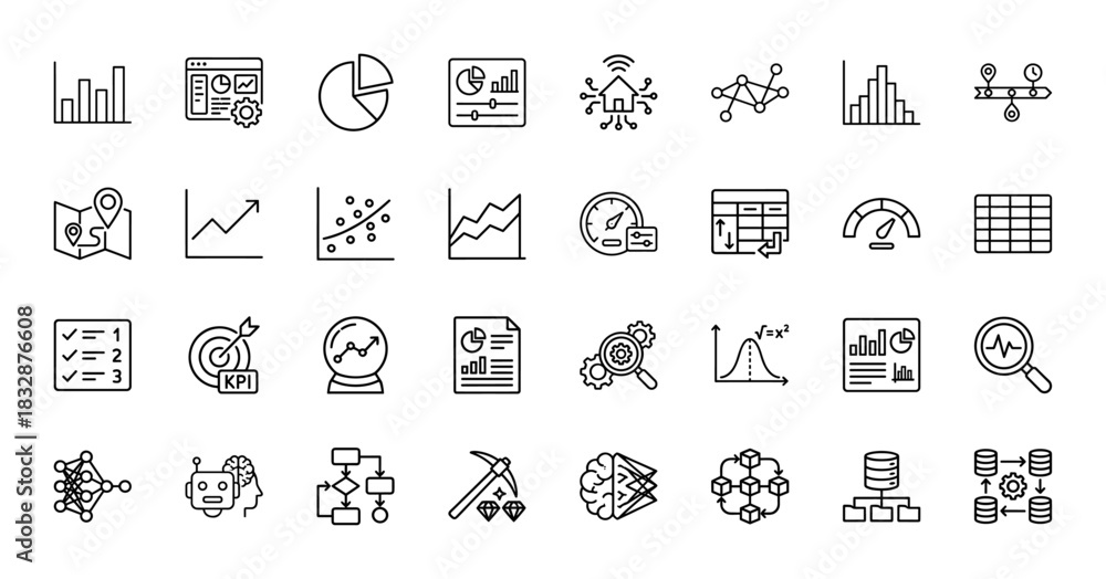 Data analysis and machine learning line icon set. Vector pictograms of ...