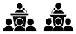 © craft_art - podium speaker and audience silhouette icon set showing public speaking scene useful for conference designs, seminar visuals, education materials and event graphics