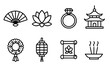 © King558 - Elegant Oriental Wedding Icons. Oriental wedding details concept linear icon set: fan, lotus flower, wedding ring, temple, garland, lantern, scroll, incense , smooth elegant