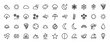 © PixeloAI - Weather and meteorology line icon set. Vector pictograms of sun, rain, snow, lightning, and wind, thin linear illustration.