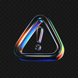 © janevasileva - 3D glass warning icon with holographic neon gradient glow isolated on dark bg. Render of liquid glass triangle attention sign. Transparent caution mark for danger, exclamation and hazard. 3D vector