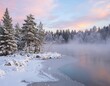© aziz - Serene Winter Lake at Sunset with Falling Snowflakes