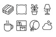 © King558 - Campus Comfort Icons. Campus Comfort Essentials linear icon set: cozy blanket, dorm pillow, small plant, warm light lamp, tea mug, tidy shelf, quiet space icon, comfort bubble