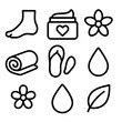 © King558 - Wellness Icons Collage. Wellness and comfort concept linear icon set: foot outline, heart, cream jar, flower, towel, sandal, droplet, leaf