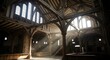 © Joni - Dramatic light rays illuminate the grand, empty interior of an ancient timber hall, showcasing historic architecture and a serene atmosphere