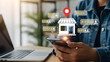 © sana - Local search marketing concept with customer review rating, store location icon, Digital marketer management on local SEO using laptop and tablet to boost small business