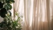 © Hot - Luxury eco interior background with soft beige linen curtains, lush indoor plants blurred, warm morning sunlight, premium calm atmosphere