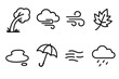 © Fortune228 - Windy Weather Icons. Windy weather concept linear icon set: bent tree, cloud, gust mark, leaf, puddle, umbrella, blowing line, sky symbol