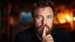 © Larisa AI - A contemplative portrait of a bearded man gazing intently while resting his finger on his lips, encapsulating deep thought and emotion in a softly lit, inviting environment.