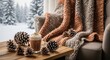 © Herlita - Steaming beverage and pinecones adorn a wooden surface next to a cozy chair draped with a warm knitted throw blanket observing a snowy scene