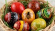 © vvicca - Vibrant Pysanky Painted Easter Eggs in Basket Closeup
