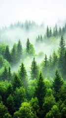  A vibrant landscape of a forest with lush green trees shrouded in a misty atmosphere. The scene evokes a sense of tranquility and natural beauty.