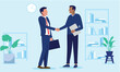 © Nasima - Business deal handshake - Two diverse businesspeople men, negotiating, shaking hands and being friendly over agreement and cooperation indoors in office. Flat design stock illustration.