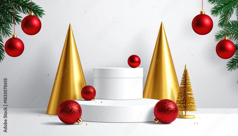 Elegant Christmas Product Display Podium with Gold Cones and Red Ornaments.