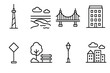 © Іван Ніколов - Minimalist Urban Outline. Urban skyline concept linear icon set: tower, river, bridge, apartment block, traffic sign, park, lamppost, cityscape , minimalist architectural precision