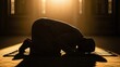 © Stockholm19 - Spiritual silhouette of Muslim man prostrating in prayer with golden light streaming through mosque windows, Ramadan and faith concept under warm sunlight