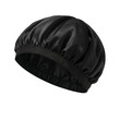 © Adi - Sleek black satin sleep bonnet for hair care and protection on dark background