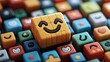 © asrofiilhamirga - A close-up shot of a yellow emoji cube with a smiling face, resting on a bed of colorful blocks with various emoji faces. The image evokes feelings of happiness