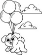 © MD. SHAKIL - Adorable cartoon puppy flying high in the sky holding a bunch of balloons, a black and white line art coloring page for children
