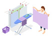 © Golden Sikorka - Isometric illustration of a woman ironing and handling laundry near drying lines with clothes, ironing board, iron, and basket. Domestic home care and textile maintenance concept.