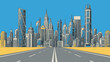 © UDIN - Stylized illustration of a modern city skyline with tall skyscrapers and a long, empty road leading into the urban landscape under a blue sky.