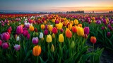 Vibrant tulip field at sunset with warm tones. AI generated