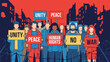 © meeblues - Flat vector illustration of diverse people holding peace and unity signs during a calm demonstration, ideal for activism, rights, and social change themes