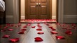 © NoorArt Studio - Red rose petals scattered on dark wood floor leading to door