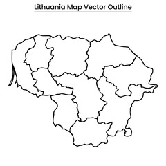  Lithuania Map Vector Outline Country Border, Regions, Editable Line Art