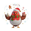 © Enigma - Festive robin wearing a santa hat and scarf, offering a christmas ornament and gift, surrounded by holiday decorations like string lights, snowflakes, and gingerbread