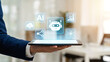 © zulfiqar ali - Man holding tablet with ai robot cloud share graph and chip icons floating above the screen in bright light