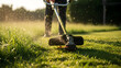 © rahatpix - Man trimming grass with a string trimmer in summer