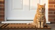 © antuanetto - Ginger tabby cat sitting on a welcome mat at a cozy home entrance with warm sunlight for domestic life concept and pet companionship