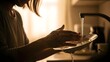 © StockShift - Asian adult washing dishes at home with soapy hands under a modern kitchen faucet, illuminated by cinematic warm light, depicting daily household productivity and a clean lifestyle.