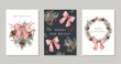 © ojardin - Christmas greeting cards template, text, white, black background. Pine cones, twigs, red berries, bows, wreath. Vector xmas illustration collection. Winter forest nature decor
