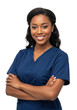 © Shahnaj - A smiling young african american woman wearing navy blue scrubs with her arms crossed isolated on transparent background