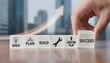 © Husen - Hand placing a block labeled 'Succeed' in a row of blocks representing a business process.
