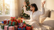 © Morrina - Christmas Morning Joy: Surprised Asian Woman Waking Up to Pile of Gifts on Bed