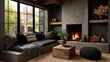 © AL - Cozy living room interior with fireplace, window, and comfortable seating arrangement