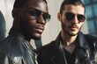© Studicon - Two fashionable men in leather jackets pose in front of concrete wall