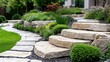 © Cantika - A winding stone pathway and steps lead through a beautifully landscaped garden, featuring lush greenery, flowers, and a sunny atmosphere.