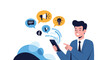 © Tahmina - A businessman using a smartphone with various communication and idea icons like a megaphone, lightbulb, and chat bubbles floating out.