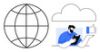 © robu_s - Digital marketing, online networking, data management, social media, cloud computing, remote work. Globe and cloud with a man holding a tablet and a thumbs up symbol. Digital marketing and networking