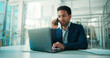 © Wess/peopleimages.com - Finance, laptop and phone call with business man at desk in glass office for accounting feedback. Computer, conversation and investment management with broker in financial workplace for review