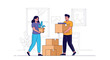 © Michael - A cheerful couple carries moving boxes and a potted plant, working together to relocate their belongings to a new home.